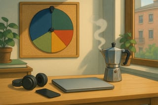 Professionista che ferma le distrazioni: scrivania con moka, cuffie e smartphone capovolto; in fondo una ruota suggerisce micro-azioni di focus.