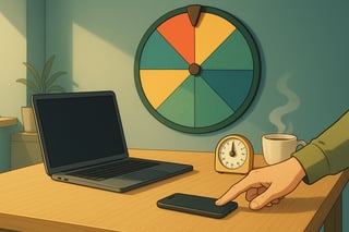 Profissional concentrado numa secretária minimalista; ao fundo, uma roda do foco colorida ocupa cerca de 30% do cenário e sugere escolhas de rotina.