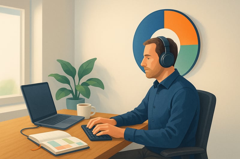 Nederlandse thuiswerkplek met professional in diepe concentratie; op de muur hangt een kleurrad als subtiele focuskeuze.