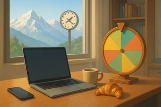 Schweizer Buero mit Alpenblick; Laptop im Fokusmodus, hölzernes Spinner-Rad im Hintergrund, Kafi und Natel im Flugmodus deuten ungestoerte Arbeit an.