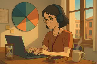 Profesional concentra su trabajo en un escritorio sereno mientras una ruleta de foco en la pared sugiere bloques, con móvil silenciado y luz lateral cálida.