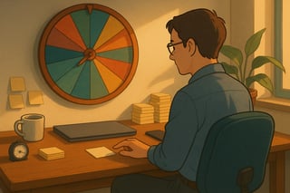 Focused professional at a tidy desk selects one task while a colorful spinner wheel hangs in the background, hinting at a single-task decision.