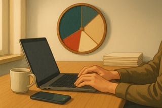 Schlichter Arbeitsplatz mit Laptop und verdecktem Smartphone; im Hintergrund haengt ein farbiges Entscheidungsrad, das Fokus statt Multitasking suggeriert.