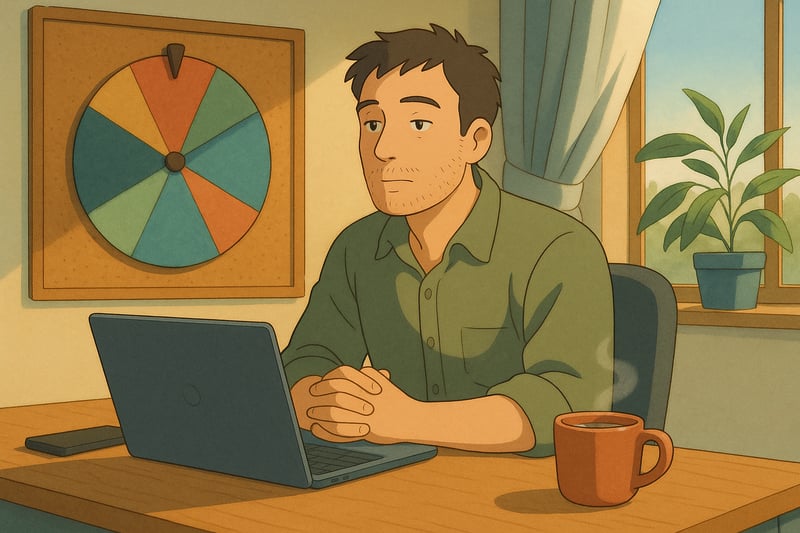 A focused Aussie worker at a tidy desk while a colourful spinner wheel on a pinboard suggests one clear task to do next.