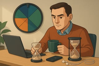 Profesional frente al escritorio eligiendo una accion de foco mientras una ruleta de decisiones ocupa el fondo con un 30 por ciento del encuadre.