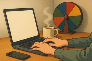 Büroarbeiter fokussiert auf eine einzelne Aufgabe; im Hintergrund ein farbiges Spinner-Rad als subtile Entscheidungshilfe auf dem Schreibtisch.