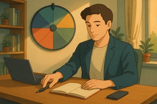 Professionista a una scrivania ordinata decide un’unica attività mentre una ruota colorata sullo sfondo suggerisce un’azione di concentrazione.