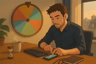 Employé français active le mode silencieux et se concentre à son bureau, une roue colorée anti-multitâche occupe le fond de la scène.