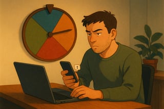 Profissional português hesita entre notificações e foco; ao fundo, roda de decisões colorida sinaliza abandonar a multitarefa.