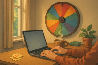 Kantoorhoek met gefocuste professional, rustige laptop‑setup en een kleurrijk spinner‑wiel op de achtergrond dat keuzes voor één taak suggereert.