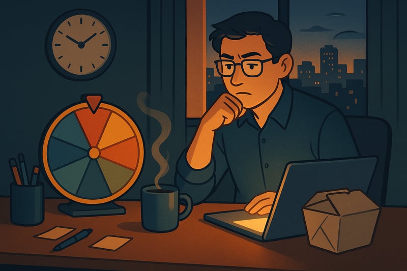 At dusk, an office worker weighs a laptop and takeout box as a colorful spinner wheel on the desk hints at a work-late choice.