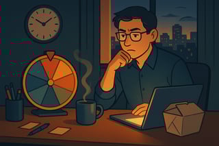 At dusk, an office worker weighs a laptop and takeout box as a colorful spinner wheel on the desk hints at a work-late choice.