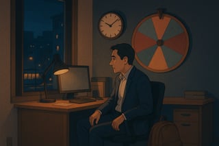 Profesional en una oficina al anochecer duda entre irse o seguir, con una ruleta de decisiones visible y reloj marcando tarde, reflejando equilibrio laboral.