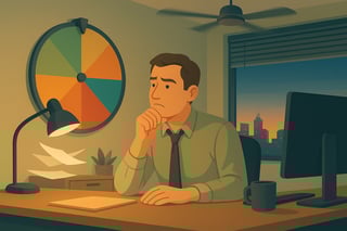 Australian office worker at dusk weighing up working late, with a colourful spinner wheel on the wall guiding the decision in a tidy workspace.