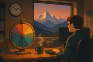 Abendliches Buero; Person ueberlegt zwischen Laptop und Alpenblick; farbiges Entscheidrad auf dem Schreibtisch.