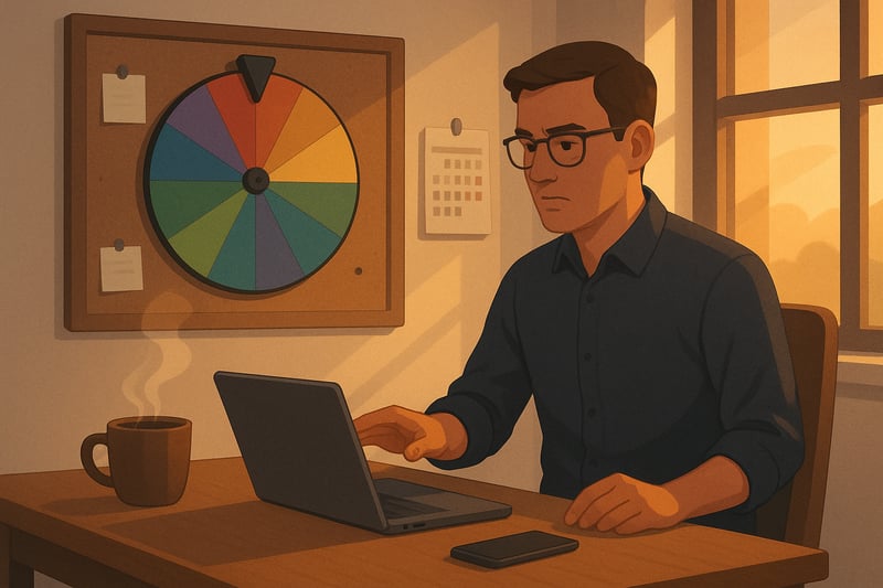 A professional at a home desk weighs weekend work against rest while a colorful spinner wheel on the wall hints at a boundary-setting decision.
