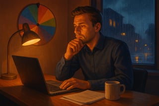 Kantoorscene na werktijd met twijfelende werknemer aan bureau, warme lamp, regen buiten en een kleurrijk keuzerad op de achtergrond voor de beslissing over overwerken.