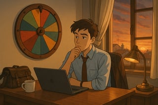 Impiegato riflette alla scrivania la sera con città italiana al tramonto sullo sfondo; ruota decisionale colorata sul muro in secondo piano.