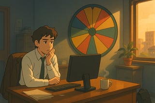 Employe hesitant a rester tard face a son ecran, roue de decision colorée en arriere-plan, ambiance de fin de journee au bureau.