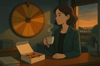 Profissional decide se fica a trabalhar até tarde num escritório sereno; roda de decisões ao fundo e comboio ao longe sugerem alternativas.