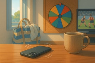 An Aussie home desk scene with a phone buzzing and a wall spinner wheel in view, weighing up a weekend work choice against relaxing plans.