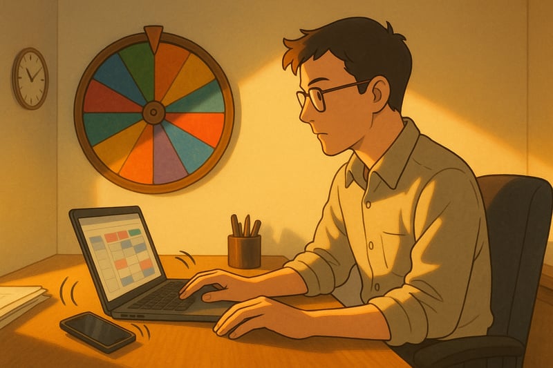 Manager triages a last-minute request at a desk as a colorful spinner wheel on the wall signals options in the background.