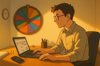 Manager triages a last-minute request at a desk as a colorful spinner wheel on the wall signals options in the background.