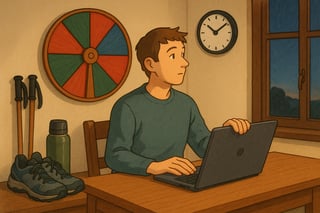 Homeoffice am Freitagabend: Person schliesst den Laptop, schaut zur Uhr; bunte Entscheidungs-Scheibe haengt im Hintergrund.