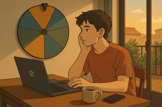 Profesional en escritorio doméstico mira el móvil en modo no molestar; al fondo, una ruleta de decisiones ocupa parte de la pared y sugiere elegir descanso.