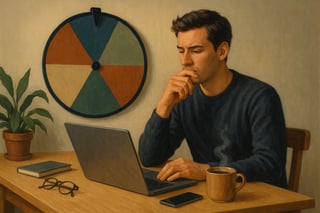 Jeune professionnel à son bureau hésitant entre se reposer et ouvrir son ordinateur, avec une roue de décision colorée en arrière‑plan.