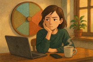 Professionista a casa esita tra laptop e relax; ruota colorata sullo sfondo suggerisce se lavorare nel weekend, con luce calda pomeridiana.