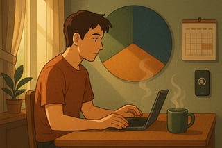 Volwassen thuiswerker kijkt twijfelend naar laptop terwijl een subtiele spinner op de achtergrond hangt; focus op rust en weekendrecover.