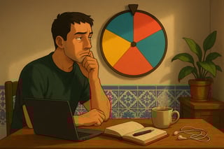 Profissional em casa pondera trabalho no fim de semana numa secretária com café; ao fundo, roda de decisão colorida ocupa parte da parede.