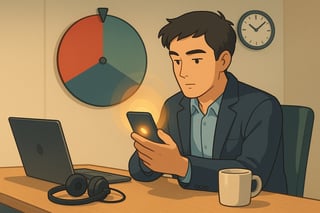 Teammitglied routet eine eilige Kundenanfrage am Schreibtisch, waehrend im Hintergrund ein farbiges Spinner-Rad Prioritaeten anzeigt.