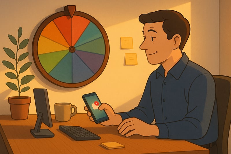 Australian office worker triages a last-minute request at a tidy desk, while a colourful spinner wheel on the wall guides the next move.