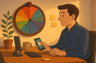 Australian office worker triages a last-minute request at a tidy desk, while a colourful spinner wheel on the wall guides the next move.