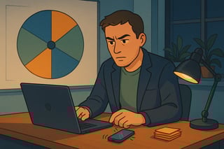 Projectmanager beslist over last‑minute verzoeken; op de achtergrond een spinner‑wheel met opties; avondkantoor met subtiele stadslichten.