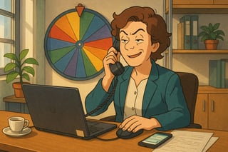 Un manager coordina una richiesta urgente al telefono, con computer e ruota colorata che lo aiutano a gestire tutto con calma.