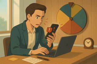 Gestor avalia pedidos urgentes no escritório enquanto uma roleta de decisões ao fundo sugere prioridades de resposta de forma prática.