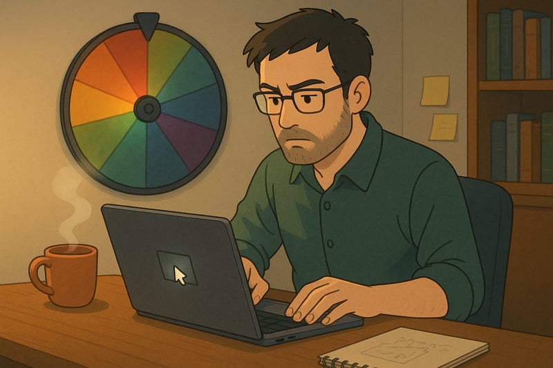 A focused professional ships a messy draft on a laptop as a colorful spinner wheel glows in the background, nudging action and progress.