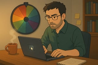 A focused professional ships a messy draft on a laptop as a colorful spinner wheel glows in the background, nudging action and progress.
