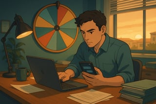 Profesional en oficina decide una petición urgente contrarreloj; al fondo, una ruleta de decisiones visible y un móvil con notificaciones en la mesa.