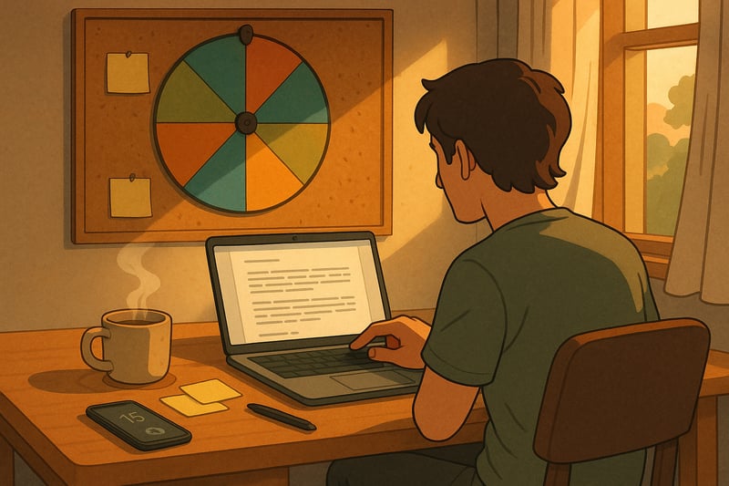 A tidy Australian home desk with a laptop mid‑draft and a colourful spinner wheel on a wall board, hinting at quick, imperfect shipping.