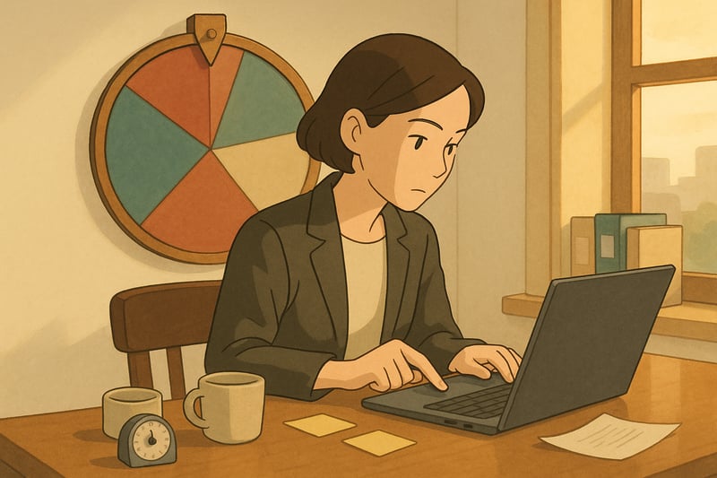 Wissensarbeiter in einem ordentlichen Buero stoppt Perfektionismus und schickt eine Minimum-Version ab; ein farbiges Spinner-Rad haengt sichtbar im Hintergrund.