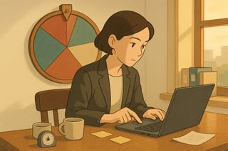 Wissensarbeiter in einem ordentlichen Buero stoppt Perfektionismus und schickt eine Minimum-Version ab; ein farbiges Spinner-Rad haengt sichtbar im Hintergrund.