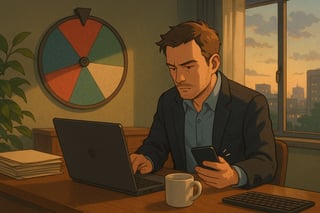 Un manager francais gere des demandes de derniere minute, une roue de decisions coloree tourne a l'arriere plan d'un bureau contemporain.