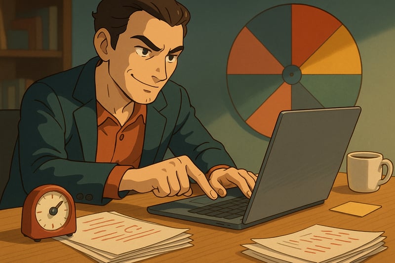 Professionista al laptop con bozze segnate e timer; sullo sfondo una ruota colorata guida la scelta rapida per consegnare una versione 1.0.