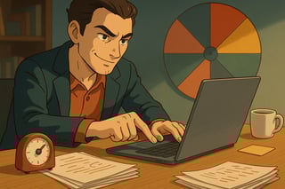 Professionista al computer con bozze segnate e timer; sullo sfondo una ruota colorata guida la scelta rapida per consegnare una versione 1.0.