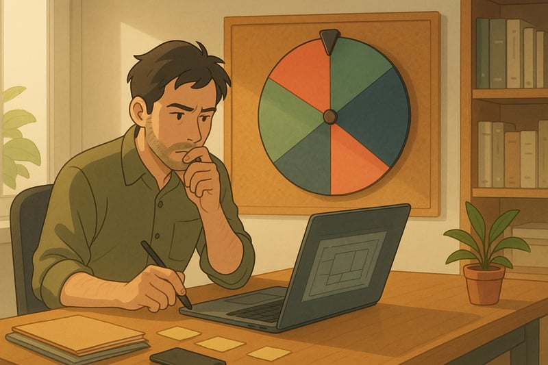 Un professionnel français hésite à finaliser un projet sur son bureau; une roue colorée de décisions occupe l’arrière‑plan, ambiance réaliste et épurée.