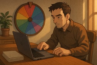 Profissional em home office português hesita entre rascunhos e protótipo enquanto uma roda colorida ao fundo sugere ações rápidas para entregar hoje.